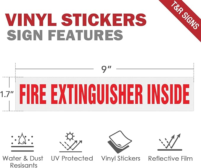 T&R Fire Extinguisher Inside Sign Stickers - 10 Pack - 9" x 1.7" Self-Adhesive Vinyl Reflective, UV resistant, Waterproof, Fade and Scratch Resistant, Suitable for Vehicles Indoor and Outdoor - White