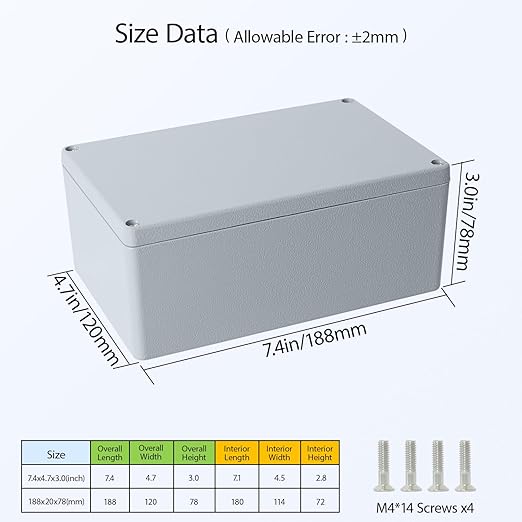 LeMotech Junction Box, Aluminum Alloy Metal Electrical Box, IP67 Waterproof Dustproof Project Box, Outdoor Universal Enclosure, Grey 7.4x4.7x3.0in (188x120x78mm)
