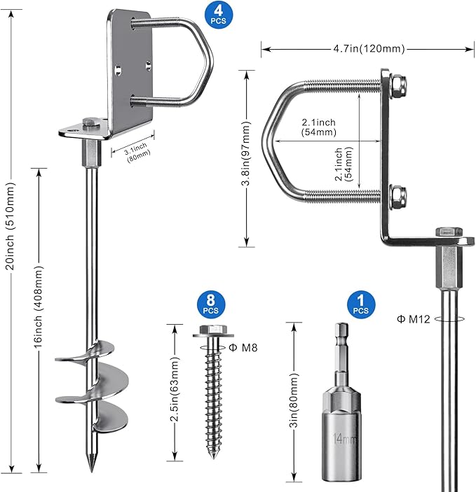 18" Heavy Duty Screw in Ground Anchors Kit, 3" Spiral Windproof Earth Anchors for Trampoline, Shed, Swing Set & Mobile Home, Fully Welded Steel with Nut Driver Drill Bit (Set of 4)