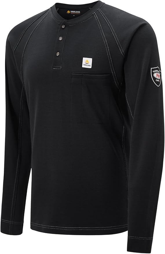 FR Shirts for Men Light Weight Flame Resistant Henley Shirts Long Sleeve Shirts HRC2/CAT2 6.5oz 100% Cotton