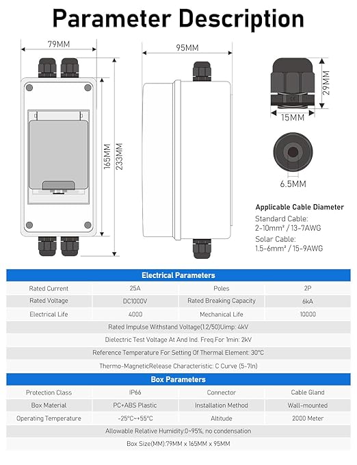 DIHOOL Solar Junction Box 25 Amp DC Circuit Breaker with DIN Rail Enclosure