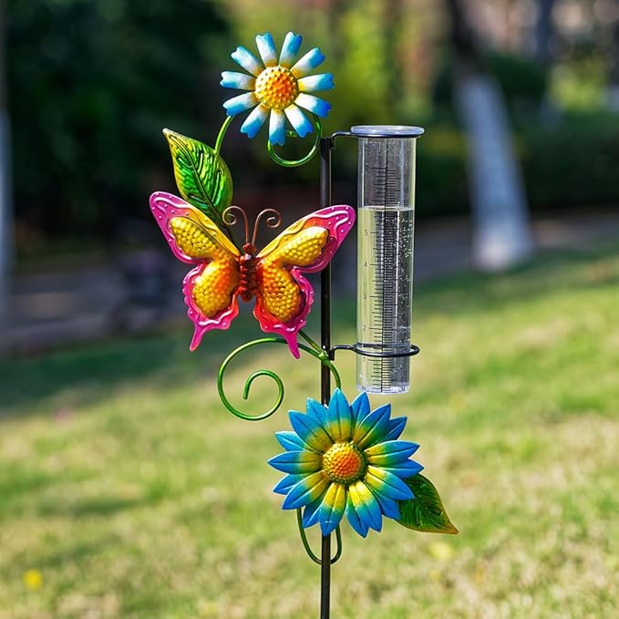Rain Gauge Outdoor, Butterfly Rain Gauge with Metal Stake, 7 Inch Tube Rainfall Measurement, Decorative Rain Measure Tool for Patio, Lawn, Garden