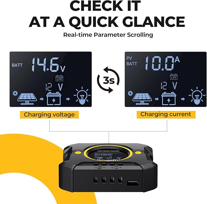 BougeRV Li 10A PWM Solar Charge Controller 12V 24V, Solar Panel Regulator w/ Backlit Display, USB Port, Adjustable Parameter, for Lithium, AGM, SLD, Gel Battery, for RV, Off-Gird, Negative Ground