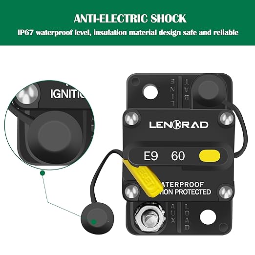 LENKRAD 60amp Marine Circuit Breaker Resettable 60A with Manual Reset Switch Button for Boat Trolling RV Yacht, 12V - 48V DC, Waterproof, Surface Mount(60 Amp Boat Circuit Breaker)