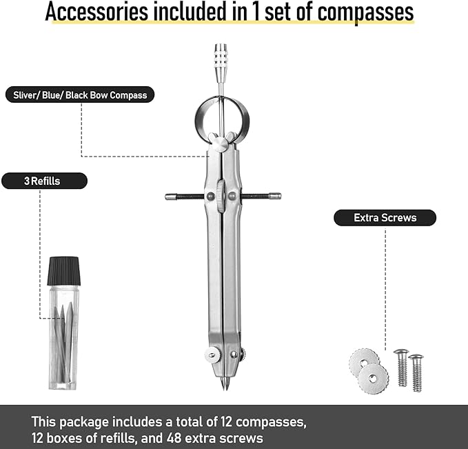 Zonon 12 Pcs Compass for Geometry Drawing Metal Compass with Extra Refills and Screws Circle Maker Back to School Circle Drawing Tool for Math Drafting Measuring Woodworking Office, 3 Colors