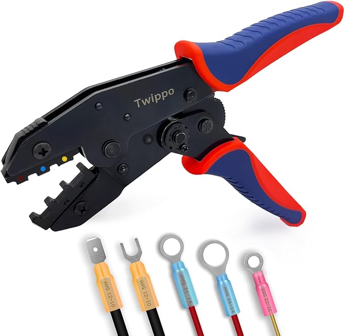 Crimping Tool for Heat Shrink Connectors, Ratchet Terminal Crimping Tool, Crimping Pliers, Ratcheting Wire Crimper for 22-10 AWG Terminal Connectors