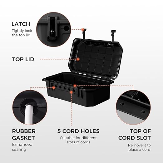 WELKIN Heavy-Duty Outdoor Electrical Box (15.3 * 8.9 * 5.4 inch), IP54 Weatherproof Waterproof Extension Cord Cover, Protect Outlet, Plug, Timer, Power Strip, Holiday Lights (Black)
