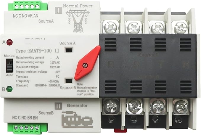 2/3/4P 100A 110V/220V Mini ATS Automatic Transfer Switch Electrical Selector Switch Dual Power Switch PV Solar DIN Rail(4P,110V)