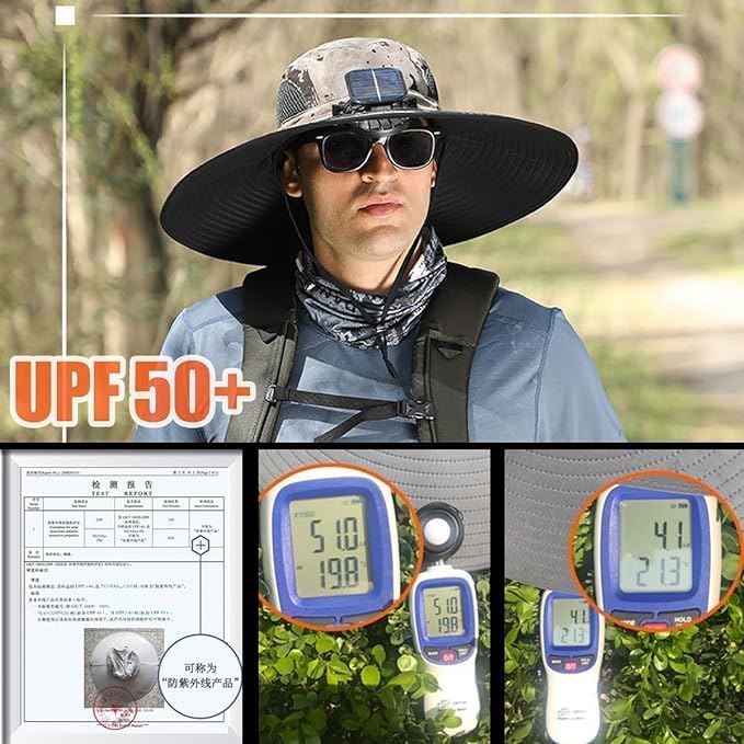 Solar Fan Hat, Wide Brim Solar Powered Fan Hat for Men Women, UPF 50+ Fishing & Beach Sun Hat with Solar Powered Fans