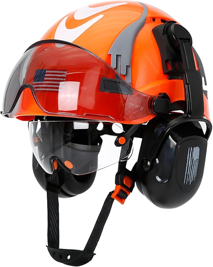 Hard Hat with Dual Visor and Hearing Protection-OSHA Approved Construction Hard Hats with Visor Sunglasses Earmuffs for Men,Vented Forestry Chainsaw Arborist Helmet with Chin Straps
