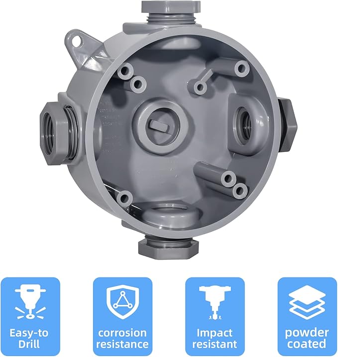 Round Electrical Outlet Box, Weatherproof 5 Hole-1/2 or 3/4 in Electrical Outlet Box, UL Listed, PVC No Cover Junction Box, Gray