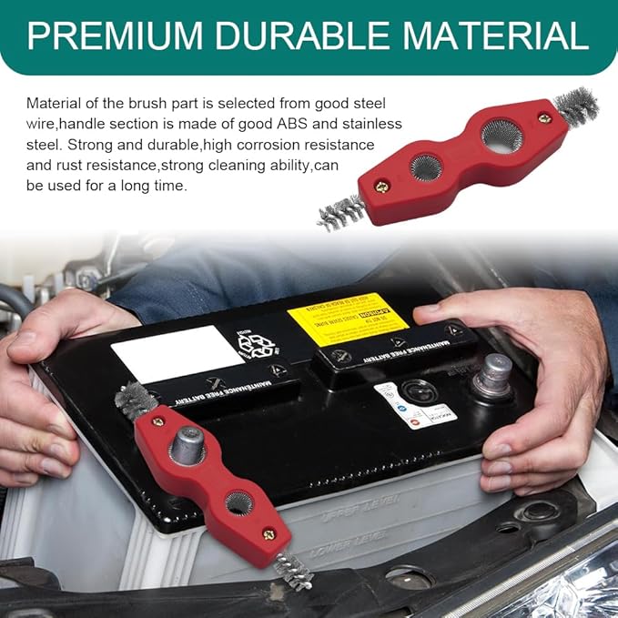 4 in 1 Car Battery Cleaning Brush, Battery Terminal Cleaner, Anti-Rust Car Terminals Machine Parts Cleaning Tool with Steel Wire, Auto Post Cleaner Brush Tool Fit for Vehicle & Marine (Red)