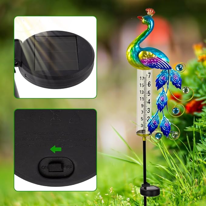 Peacock Rain Gauge Outdoor 36.6" Solar Powered Large Rain Gauges Freeze Proof Water Gauge with Metal Stakes Decorative for Garden,Lawns,Patio