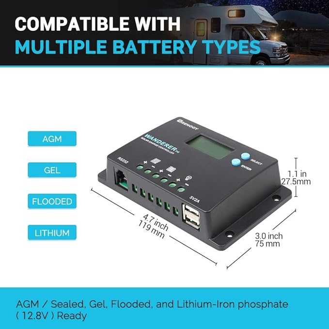 Renogy 10A 12V/24V PWM Postive Ground Solar Charge Controller Regulator Compact Design w/ LCD Display for Deep Cycle Sealed, Gel, and Flooded Battery