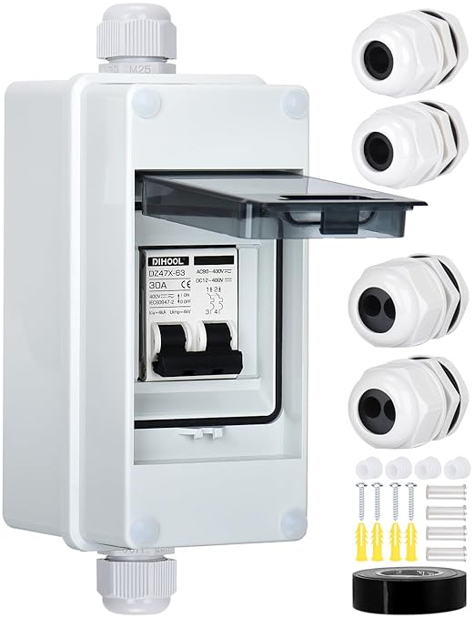 DIHOOL Solar Panel Disconnect Switch with IP65 Din Box, 30 Amp Dual Pole 12V-400V, Non Polarized AC DC Miniature Circuit Breaker, PV Array Shut Off Isolator