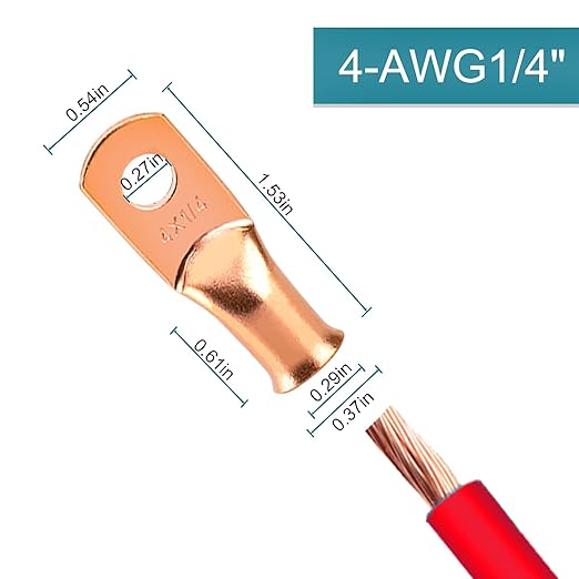 10 PCS Battery Terminal Connectors, Battery Cable Ends Lugs, 4 Gauge Wire Connectors, 4 AWG 1/4" Stud Ring Terminals, Copper Wire Lugs with Heat Shrink Tubing.