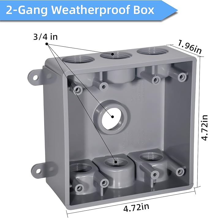 Two Gang Electrical Box, Suitable 1/2-Inch or 3/4-Inch Electrical Conduit Weatherproof Outdoor Switch Outlet Box, UL Listed，Plastic Junction Box Outlet