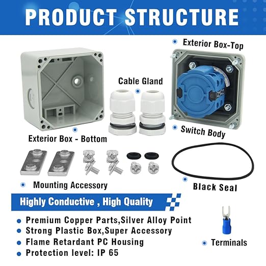 20A Rotary Changeover Switch with Box, 660V 4 Position 2 Poles 8 Terminals, Blue Universal Selector Switch with Fork Terminals, IP65 (4 Positions 2 Poles - Blue)