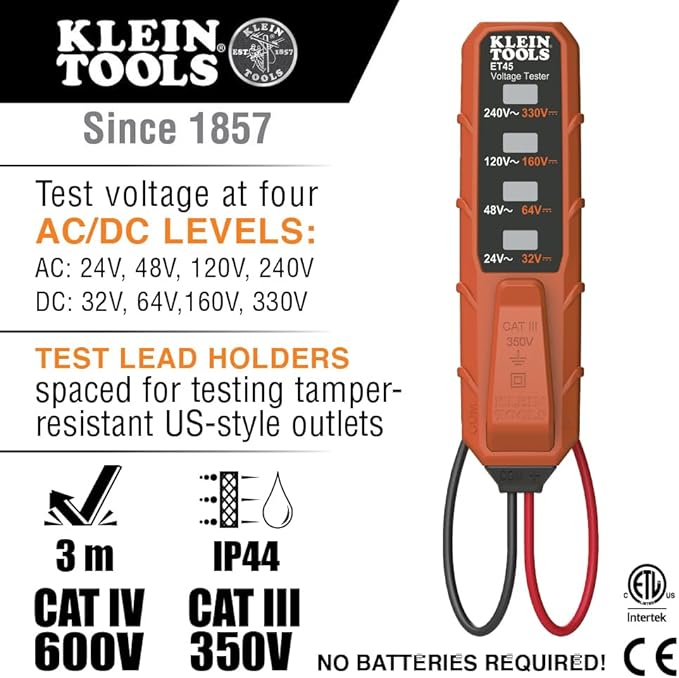 Klein Tools ET45 Digital AC/DC Voltage Tester, 12-240V AC, 32-330V DC, LED Illumination, DC Polarity, Auto Off, CATIII 350V-Class 2-Double Insulation, IP44 Dust & Water Resistant, No Batteries Needed