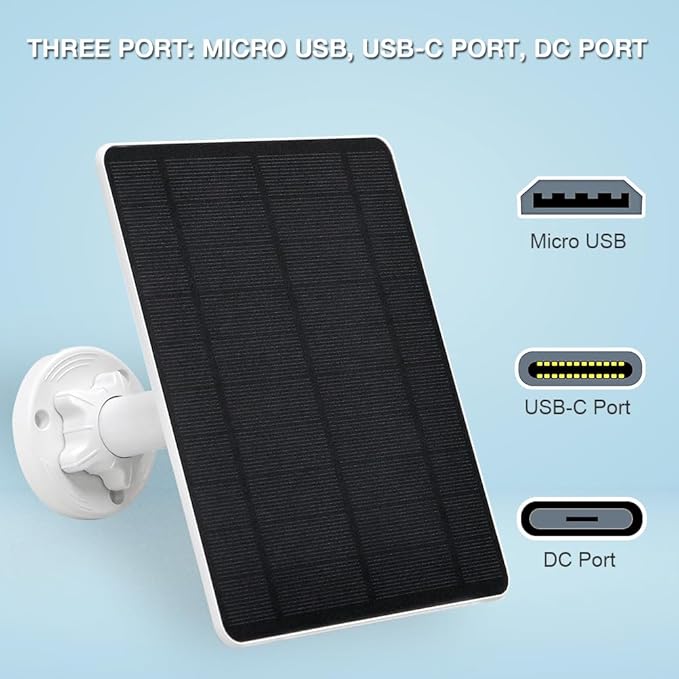 Solar Panel for Security Camera,5W USB Solar Panel for Cameras DC 5V,Camera Solar Panel Charger Micro USB & USB-C & DC,IP65 Waterproof Solar Panels with 9.8ft Cable,Adjustable Security Mount(2 Pack)