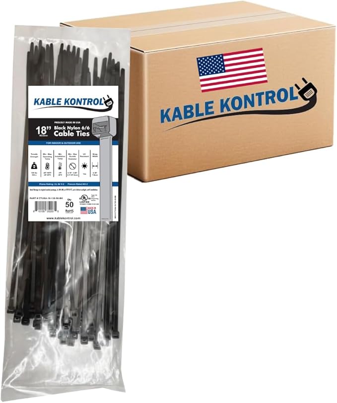 Kable Kontrol Made in USA Cable Zip Ties, 1000 Pcs 18 Inch Black, 120 Lbs Tensile Strength, Bulk Pack, Self-locking UV Resistant Plastic Nylon Wire Ties, for Indoor or Outdoor Use