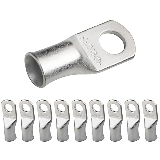 SELTERM 10pcs 1/0 AWG-3/8" Stud Tinned Copper Wire Lugs, Heavy Duty Battery Cable Ends,0 Gauge Ring Terminals, UL Battery Lugs Marine Grade Copper Eyelets Electrical Battery Terminal Connectors
