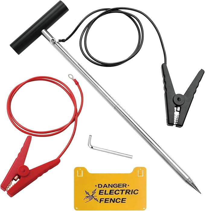 Electric Fence Grounding Rod Set with Jumpe Leads and Alligator Clips, Fits Solar Fence Chargers, Energizers, Ideal for Farm Garden Fence