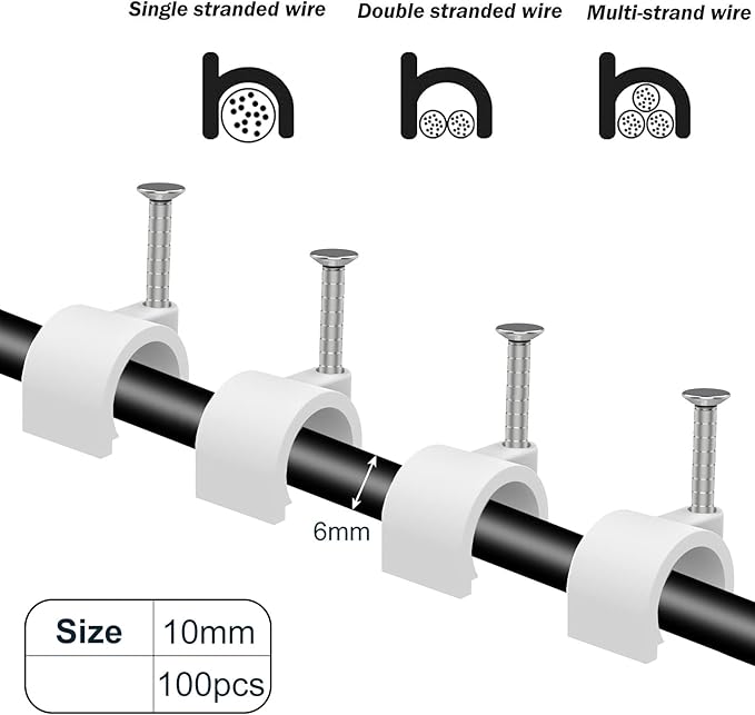 Nail in Cable Clips - 500 Pcs, 10mm, Coax & Speaker Wire Clips, Ethernet & RG6/59 Clamps