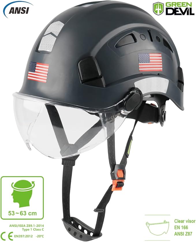 GREEN DEVIL Safety Helmet Hard Hat with Visor Chinstrap Adjustable Lightweight Vented ABS Work Helmet for Men and Women 6-Point Suspension ANSI Z89.1 Approved Ideal for Industrial & Construction