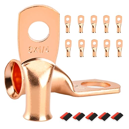 10 PCS Battery Terminal Connectors, Battery Cable Ends Lugs, 6 Gauge Wire Connectors, Ring Terminals, Copper Wire Lugs with Heat Shrink Tubing.