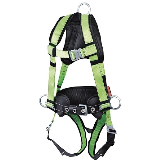 Peakworks Fall Protection Full Body Padded Safety Harness with Back Support, Positioning Belt, Back & Side D-Rings, Stab Lock Buckles, Hi Vis Green/Black, Medium, V8255622