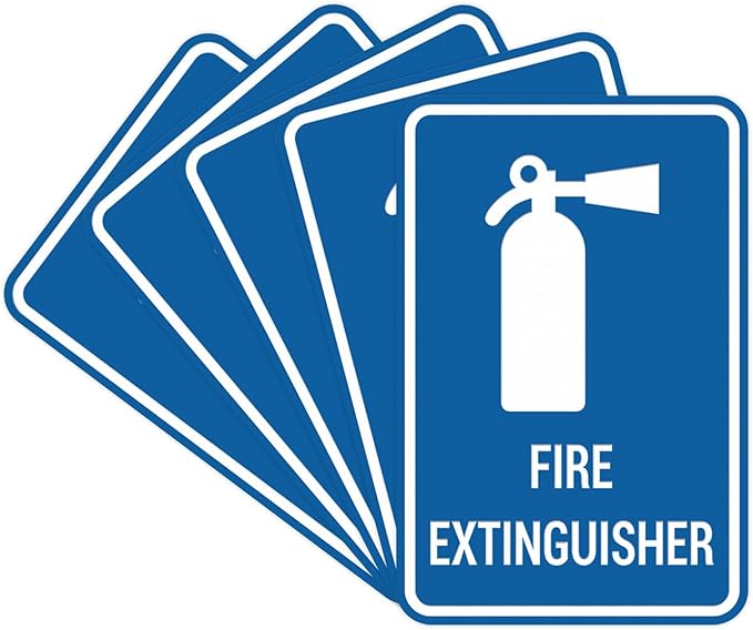 Signs ByLITA Portrait Round Fire Extinguisher Sign with Adhesive Tape, Mounts On Any Flat Surface (Blue) - Medium (5 Pack)