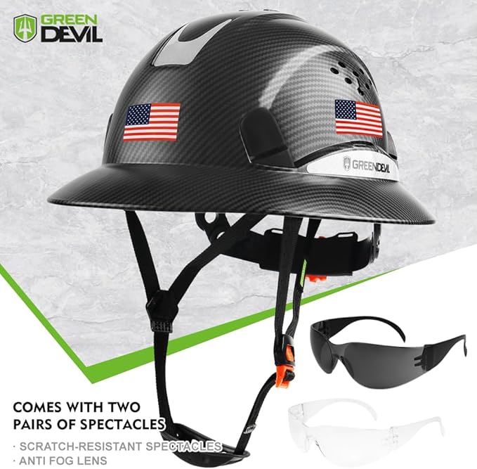 GREEN DEVIL Full Brim Hard Hat Vented Construction Safety Helmet OSHA Approved Cascos De Construccion ABS Work Hardhat for Men&Women 6 Point Adjustable Ratchet Suspension Custom Pattern Design