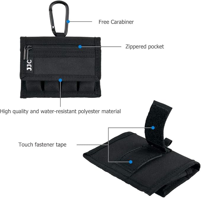 JJC Polyester 18650 Battery Pouch Case for 4PCS 18650Battery with Extra Zipped Pocket, Hoop&Loop Closure Design 18650 Battery Storage Organizer, Water-Resistant and Easy Carrying with Carabiner