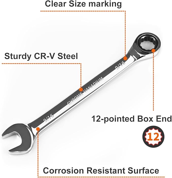 Egofine 9/16 wrench and 7/16 ratchet wrench, SAE Ratcheting Wrench Set, Industrial Grade Gear Spanner with 12-Point Design, 72-Tooth Ratchet, Chrome Vanadium Steel