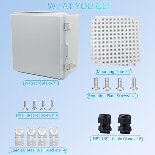 IP67 Waterproof Junction Box, ABS Plastic Electrical Enclosure with Stainless Steel Latch, Hinged Cover Electric Box with Mounting Plate, Wall Brackets & Cable Glands 210x210x130