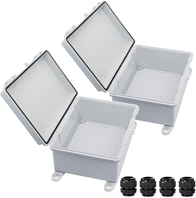 Waterproof Outdoor Electrical Box Junction Box Weatherproof IP67 ABS Plastic Enclosure Switch Router Project Box with Mounting Plate with Wall Bracket 2 Cable Glands Grey 8.7"x6.7"x4.3" 2PCS