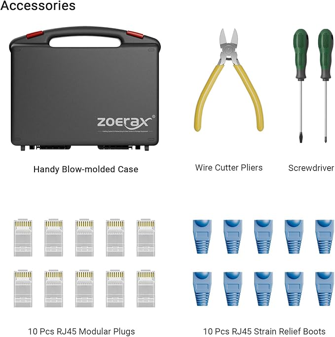 Network Tool Kit, ZOERAX 11 in 1 Professional RJ45 Crimp Tool Kit - Pass Through Crimper, RJ45 Tester, 110/88 Punch Down Tool, Stripper, Cutter, Cat6 Pass Through Connectors and Boots