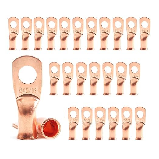 25pcs 6 AWG 5/16" Stud Copper Ring Terminals Battery Cable Ends Wire Lugs 6 Gauge Heavy Duty Cable Lugs Bare Copper Eyelets Tubular Ring Terminal Connectors