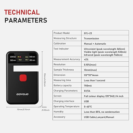 Tint Meter Inspector for Car Window, Portable Solar Tester Meter IR940nm/UV365nm/VLT530nm, with Data Locking and USB Charging Test Accuracy¡À2%,for Solar Film,Agricultural
