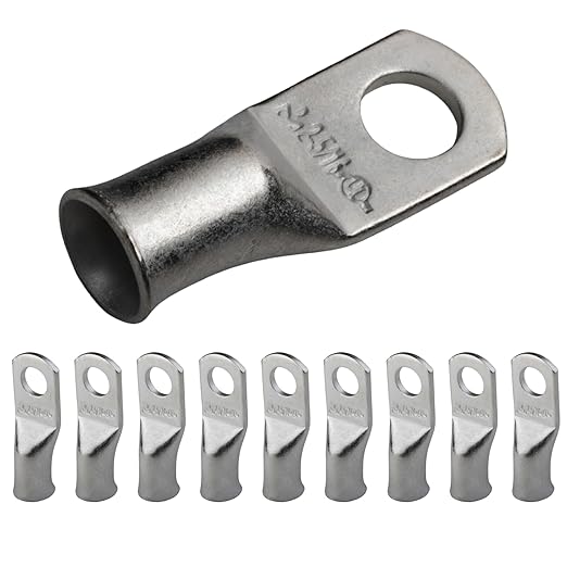 SELTERM 10pcs 2 AWG-5/16" Stud Tinned Copper Wire Lugs, Heavy Duty Battery Cable Ends,2 Gauge Ring Terminals, UL Battery Lugs Marine Grade Copper Eyelets Electrical Battery Terminal Connectors
