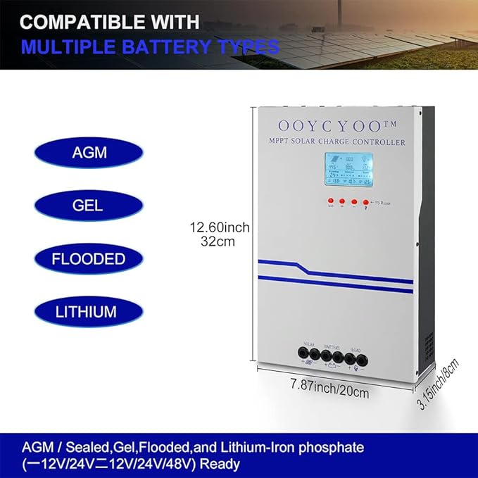 100 Amp MPPT Charge Controller MPPT 12V 24V 36V 48V Auto, 100amp Solar Charge Regulator Max 150V w/LCD Display Work with AGM, Gel, Flooded and Lithium, Max Input Power 5000W