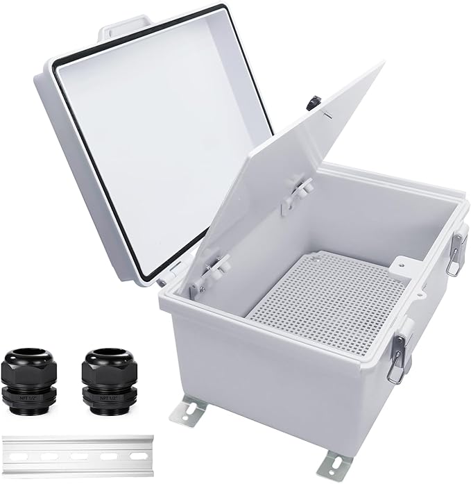 Waterproof Outdoor Electrical Box Junction Box Weatherproof IP67 ABS Plastic Enclosure Switch Router Project Box with Mounting Plate with Wall Bracket 2 Cable Glands Grey 11.4" x 7.5" x 5.5"