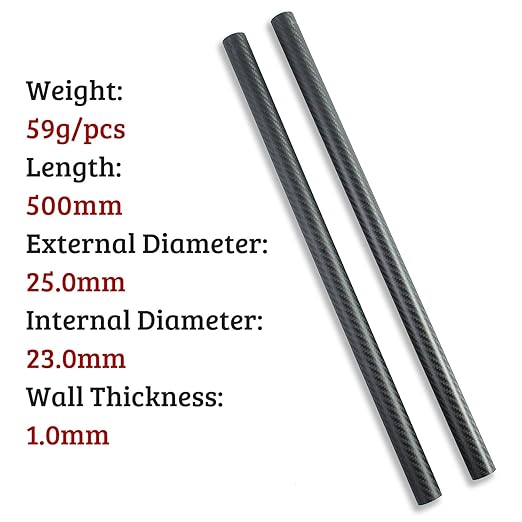 2pcs 25mm Carbon Fiber Tube 25mmx23mmx500mm,500MM Length,3K Roll Wrapped Twill Matte Finish