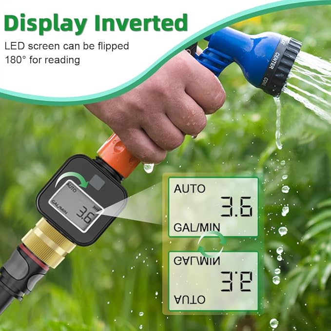 Water Flow Meter with Brass Metal Thread, Measures Gallons/Liters & Flow Rate – Ideal for RV Water Tank Filling, Garden Hose Watering, Lawn Sprinklers & Nozzle Sprayers