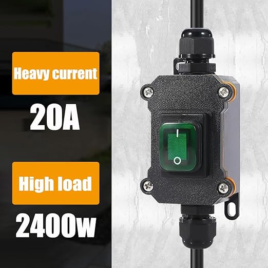 Waterproof Inline AC Switch, DPST 20A-125V, 16A-250V Toggle Green Rocker Start Stop Two Side Entry Switch