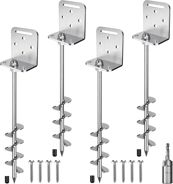 24'' Ground Anchors Screw in Heavy Duty Earth Anchor 10mm Solid Steel with L Bracket for Trampoline Mobile Home Swing Set Shed Carport Tent Stakes, 2" Helix Blade & Chrome Plated Finish, 4Pcs