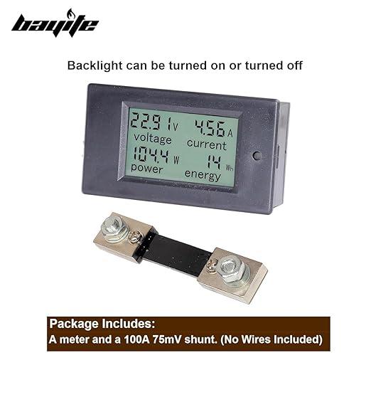 bayite DC 6.5-100V 0-100A LCD Display Digital Current Voltage Power Energy Meter Multimeter Ammeter Voltmeter with 100A Current Shunt