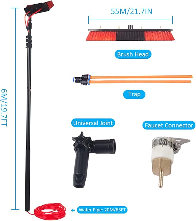 Telescopic Water Fed Window Cleaning Pole with Adjustable Brush Head Extendable Window Cleaner Tool Solar Panel Cleaning Brush and Pole Kit Window Cleaning Equipment, 6m-55cm