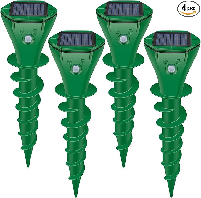 Mole Repellent Solar Powered, 4 Pack Ultrasonic Gopher Repeller IP65 Waterproof for Lawn Garden Yard, Sonic Vole Repellent Mole Killer Outdoor Get Rid of Snake Groundhog Chipmunk Squirrels, Green